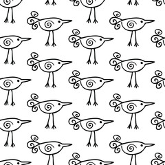 Seamless vector pattern. Doodle birds on a white background. Cartoon contour black and white hand drawing. Print for textiles, postcards, wrapping paper, packaging, and covers