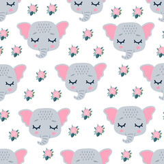 Cute elephant heads with closed eyes. Cute cartoon funny character and flowers. Pet baby print. Scandinavian style.