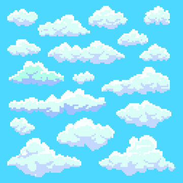 Set clouds vector illustration in the style of old-school pixel art.