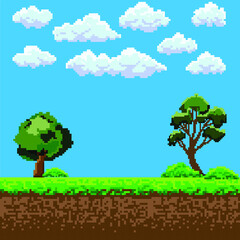 Pixel art game background with ground, grass, sky and clouds.