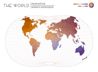 Abstract geometric world map. Laskowski tri-optimal projection of the world. Purple Orange colored polygons. Trending vector illustration.