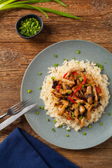 Pork chop with peppers, mushrooms and bamboo. Served with rice.