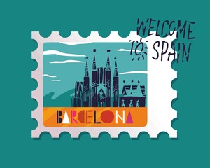 stamp in vector with the image of Barcelona attractions and writing Barcelona hand-drawn on a blue background next words welcome to Spain on posters or travel guides