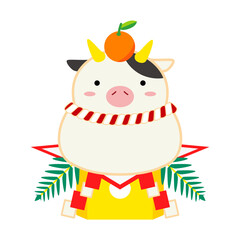 牛と鏡餅のイラスト