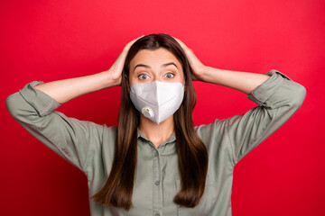 Close-up portrait of her she nice attractive amazed straight-haired girl wearing n95 safety mask...