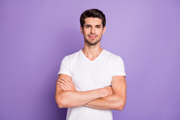 Portrait of his he nice attractive lovely content well-groomed guy sale manager folded arms isolated over bright vivid shine vibrant lilac violet purple color background