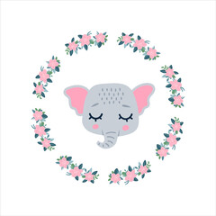 Elephants head with closed eyes. Cute cartoon funny character. Pet baby print collection. Scandinavian style Isolated.