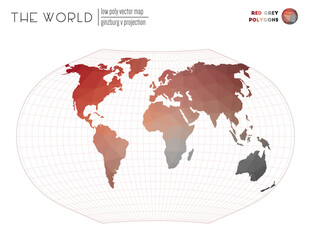 Polygonal world map. Ginzburg V projection of the world. Red Grey colored polygons. Elegant vector illustration.