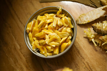 Fresh jackfruit slices on a plate. sweet yellow jackfruit ripe. vegetarian, vegan, raw food.