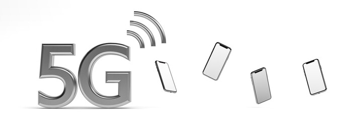 3d rendering of technology and business concept. 5G sign with smartphones on white background. 5G network wireless systems and internet. Communication network. Copy space.