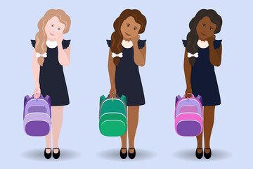 Fototapeta premium Cute girls in school uniform with backpacks. Vector illustration of schoolgirls of different race and nationality. Back to school