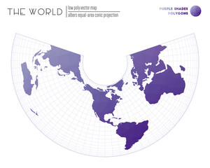 Polygonal world map. Albers equal-area conic projection of the world. Purple Shades colored polygons. Neat vector illustration.