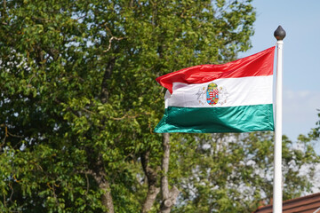 Flag of Hungary on the mast in the wind. Blue sky on a green wooden background. Europe Hungary
