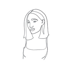 Portrait of woman drawn in one continuous black line on white background. Beautiful girl. Minimalism art. Tattoo sketch. Linear silhouette. 
