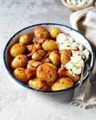 Baked young potatoes with bacon and sour cream sauce on a gray background, still life