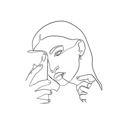 One line woman uses smartphone to do photo. Making Selfie. One continuous line. Minimal concept. Beautiful attractive girl holding phone case. 