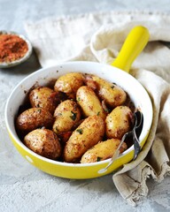Baked young potatoes with bacon on a gray background, still life