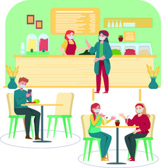 Peoples are keeping their distance at cafeteria illustration