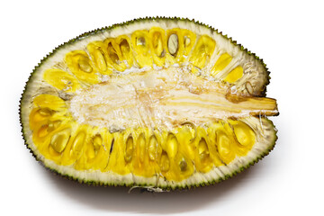 Fototapeta premium Fresh ripe jackfruit. Fresh sweet jackfruit segment ready for eat. Cutting jackfruit. Vegetarian, vegan, raw food.Tropical fruit. Selective focus.