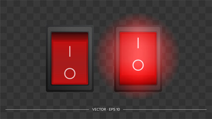 Set of red square on and off buttons. Isolated. Vector.