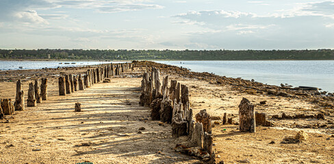 Wooden columns protrude from the kuyalnitsky estuary