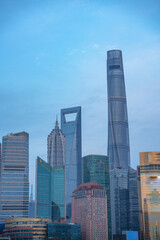 The modern skyscrapers in Lujiazui, along the Huangpu River, in Shanghai, China.