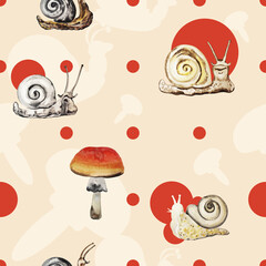 Red polka dot on champagne color background with hand drawn watercolor snails and mushroom seamless pattern.