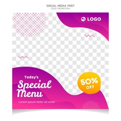 Social media banner for food and drink business. Food social media template for restaurant business. Modern social template post banner. Food discount post template.