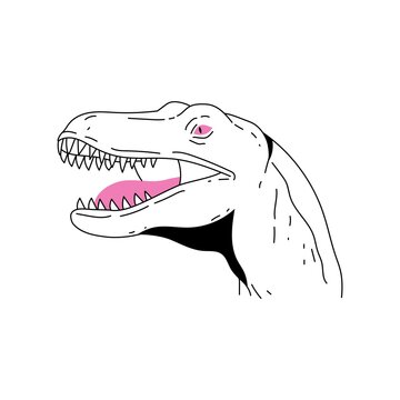 Outline vector illustration of dinosaur in minimalistic trendy style for print, emblem, logo design and icon. Line art drawing or portrait of velociraptor in black and white isolated and editable.