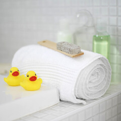 Bath products beside the bathtub
