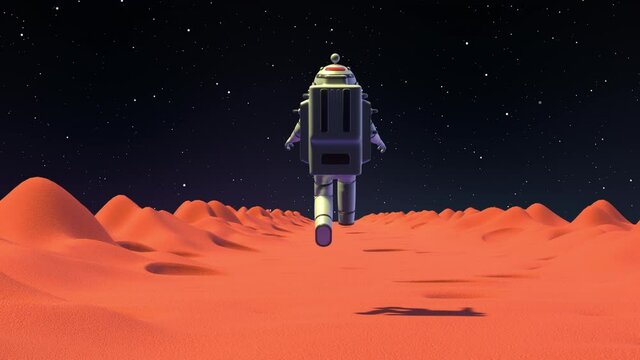 Astronaut in spacesuit run on Mars surface back view. Spaceman third person game view. 3D render looped animation.