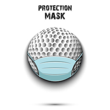 Golf ball with a protection mask. Caution! wear protection mask. Risk disease. Cancellation of sports tournaments. Pattern design. Vector illustration
