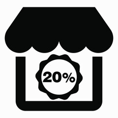 Shop 20% discount. The store building and the percentage discount. Price drop. Sale at the supermarket. Vector icon