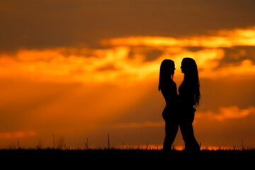 Fototapeta na wymiar A young couple in love hugged and kissed each other on the meadow. The clouds are orange and the sun’s rays are visible. silhouette wallpaper nature at sunset