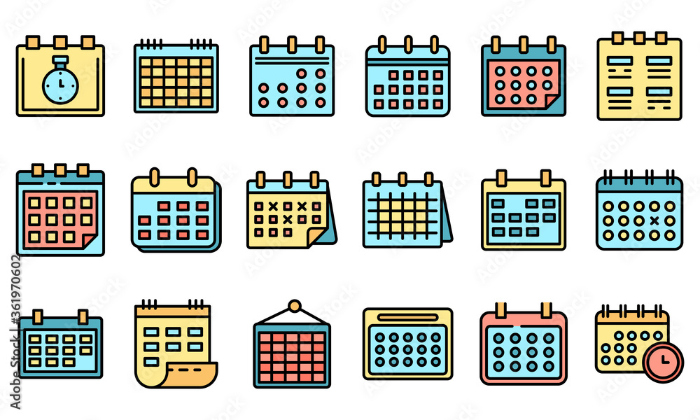 Poster calendar icons set. outline set of calendar vector icons thin line color flat on white