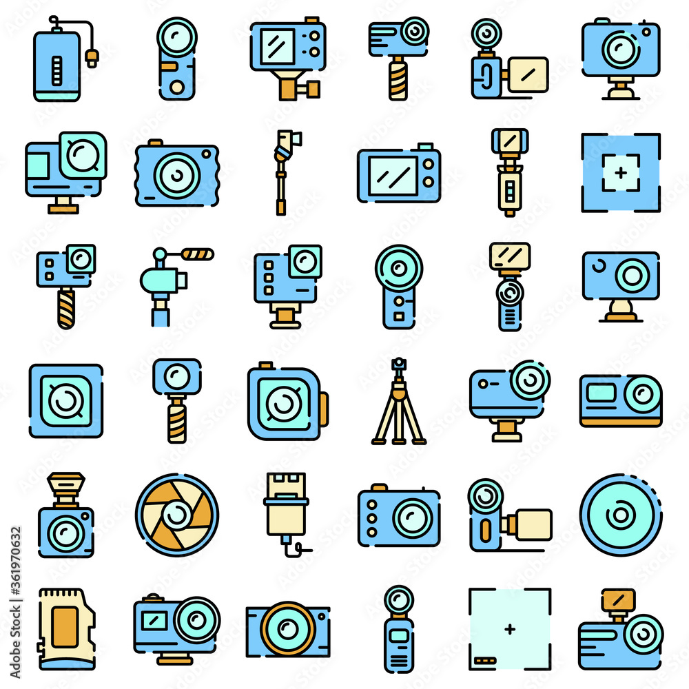 Poster action camera icons set. outline set of action camera vector icons thin line color flat on white
