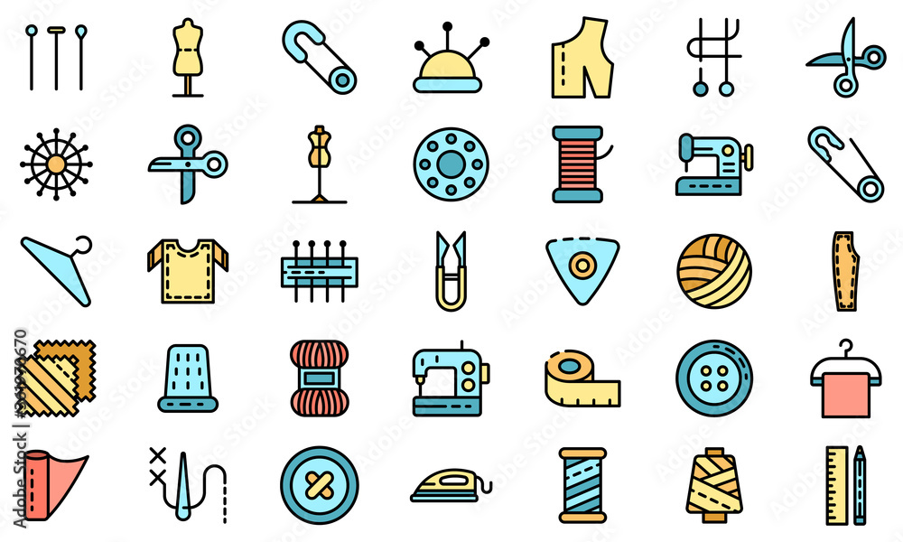 Poster tailor icons set. outline set of tailor vector icons thin line color flat on white