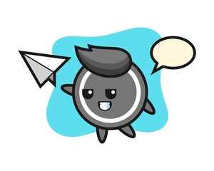 Hockey puck cartoon throwing paper airplane