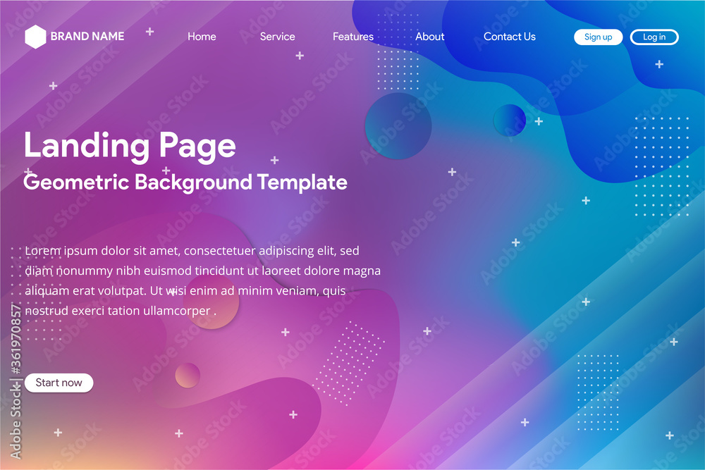 Poster liquid landing page of website with purple and blue gradient. circle pattern and diagonal shape use 