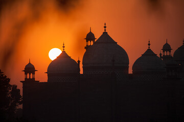 A view of the Taj Mahal at sunset in Agra, India