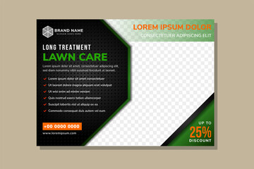 banner sales, eco products, grass care. Landscape service company business poster for landscaping and gardening template. horizontal  architecture design studio brochure design with green and black