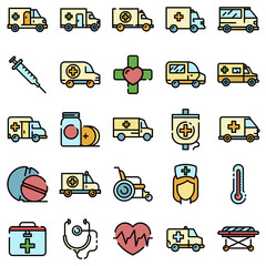 Ambulance icons set. Outline set of ambulance vector icons thin line color flat on white