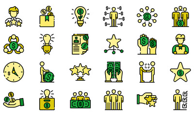 Crowdfunding icons set. Outline set of crowdfunding vector icons thin line color flat on white