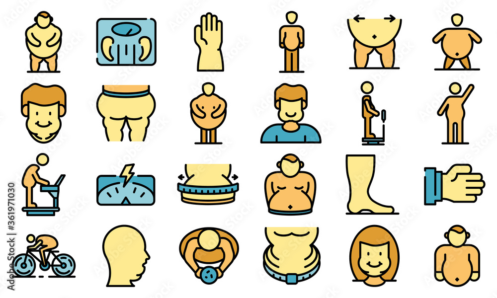 Poster overweight icons set. outline set of overweight vector icons thin line color flat on white