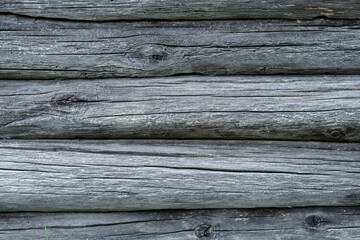 Light wooden background from old logs of different sizes and textures in a rustic style.