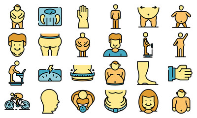 Overweight icons set. Outline set of overweight vector icons thin line color flat on white