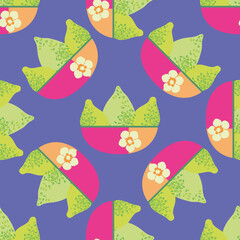 Bright green textured vector limes in pink orange floral bowls. Seamless pattern background. Single motif citrus fruit design on purple backdrop. Hand drawn graphic geometric repeat with tropical vibe