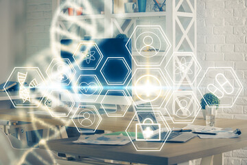 Desktop computer background and DNA drawing. Double exposure. Science concept.