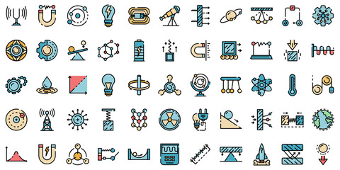 Physics icons set. Outline set of physics vector icons thin line color flat on white