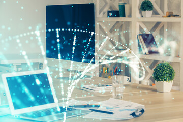 Desktop computer background and DNA drawing. Double exposure. Science concept.
